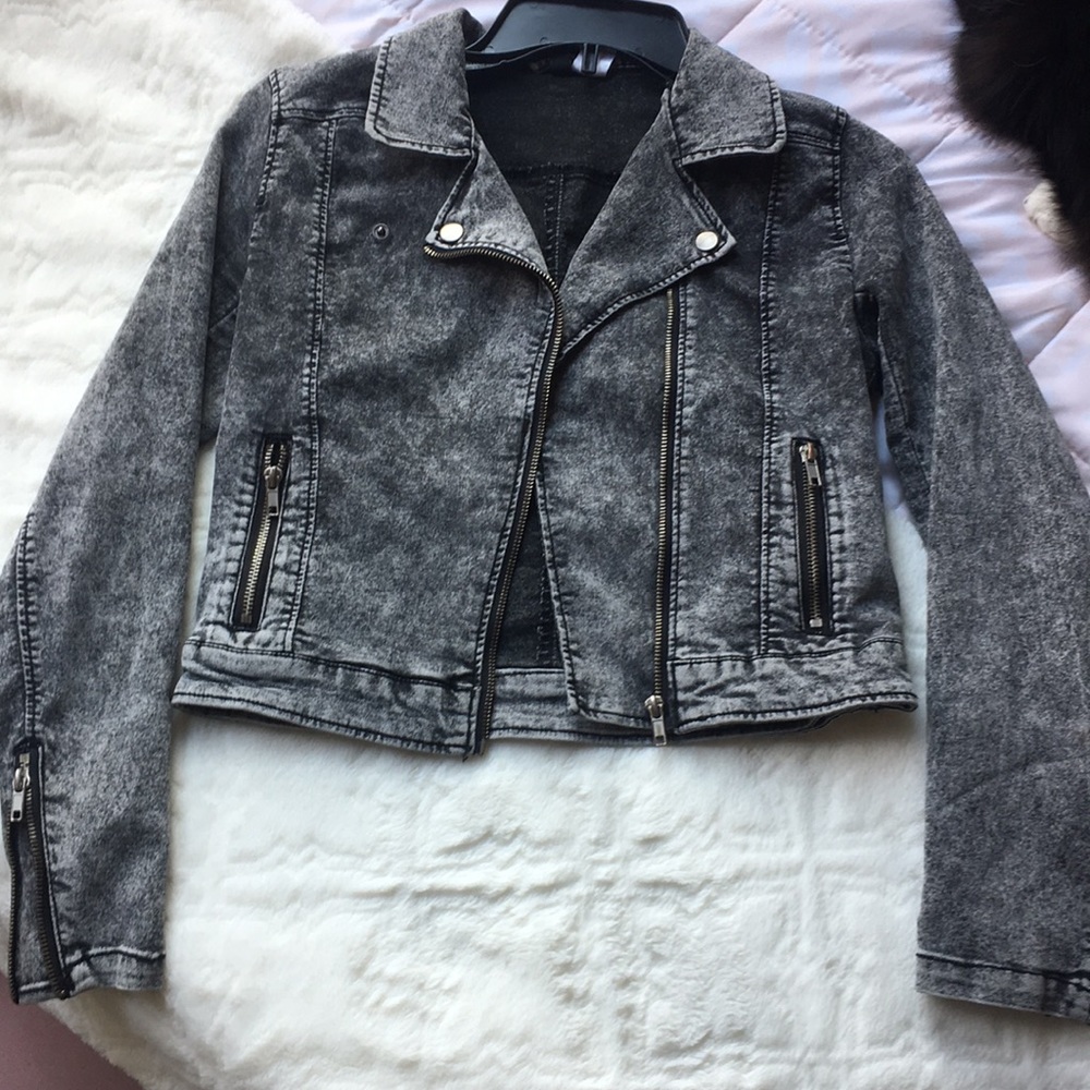 Acid wash cropped moto jacket